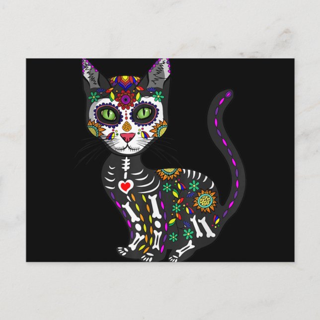 Sugar Skull Mexican Cat Halloween Day Of The Dead Holiday Postcard (Front)