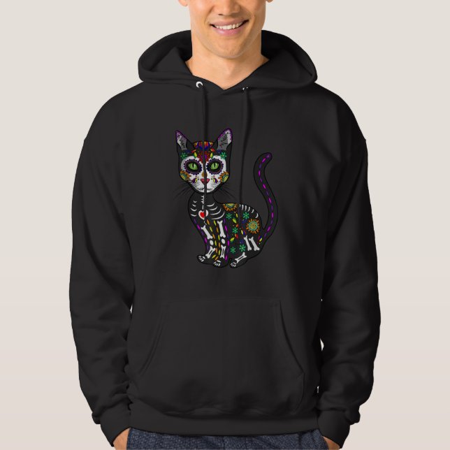 Sugar Skull Mexican Cat Halloween Day Of The Dead Hoodie (Front)