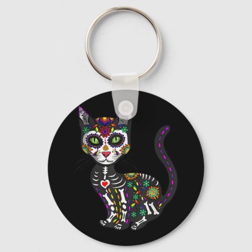 Sugar Skull Mexican Cat Halloween Day Of The Dead Keychain