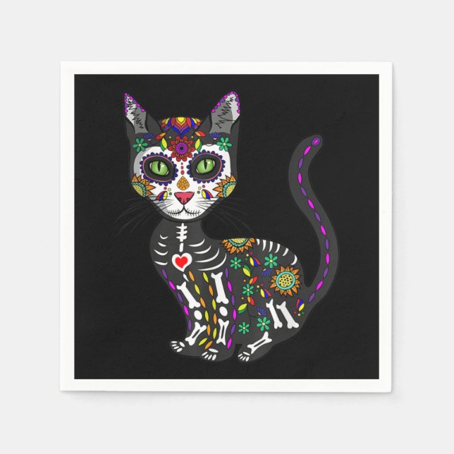 Sugar Skull Mexican Cat Halloween Day Of The Dead Napkins (Front)