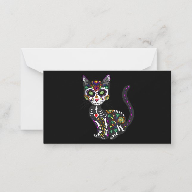 Sugar Skull Mexican Cat Halloween Day Of The Dead Note Card (Front)