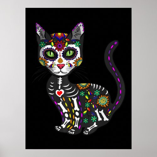 Sugar Skull Mexican Cat Halloween Day Of The Dead Poster