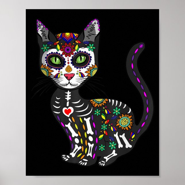 Sugar Skull Mexican Cat Halloween Day Of The Dead Poster (Front)