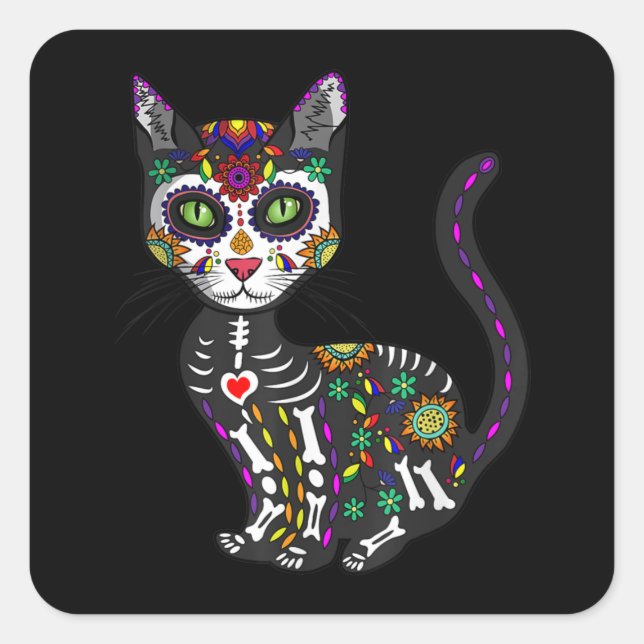 Sugar Skull Mexican Cat Halloween Day Of The Dead Square Sticker (Front)