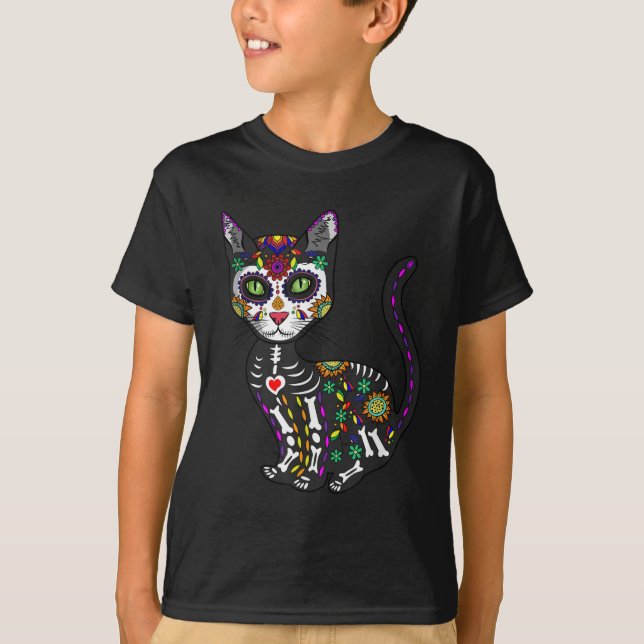 Sugar Skull Mexican Cat Halloween Day Of The Dead T-Shirt (Front)