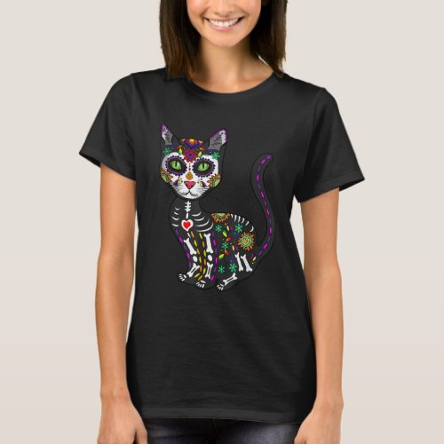 Sugar Skull Mexican Cat Halloween Day Of The Dead T_Shirt