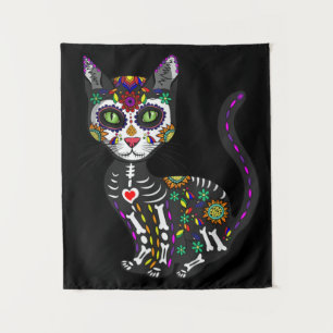 Sugar Skull Mexican Cat Halloween Day Of The Dead Tapestry