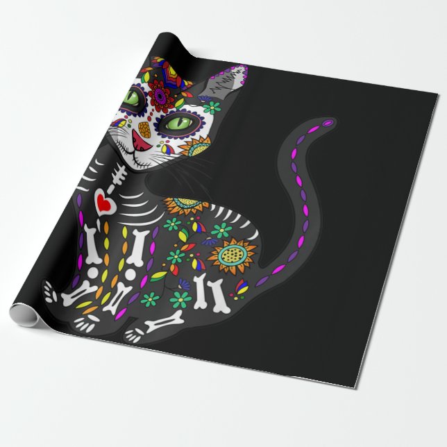 Sugar Skull Mexican Cat Halloween Day Of The Dead Wrapping Paper (Unrolled)