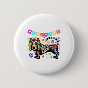 Sugar Skull Mexican Dachshund Bone Halloween Day O Button