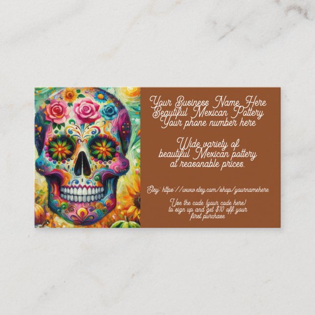 Sugar Skull Mexican Pottery Sales Shop Sales Etsy  Business Card (Front)