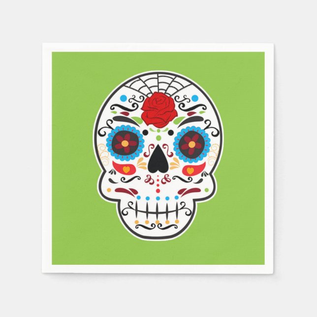 Sugar Skull Mexican Spanish Skeleton Party Green Napkins (Front)