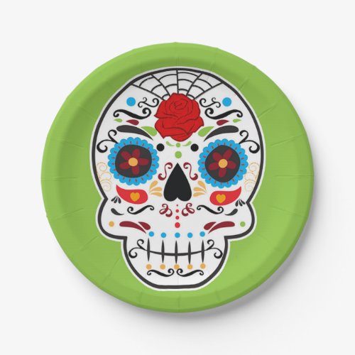 Sugar Skull Mexican Spanish Skeleton Party Green Paper Plates