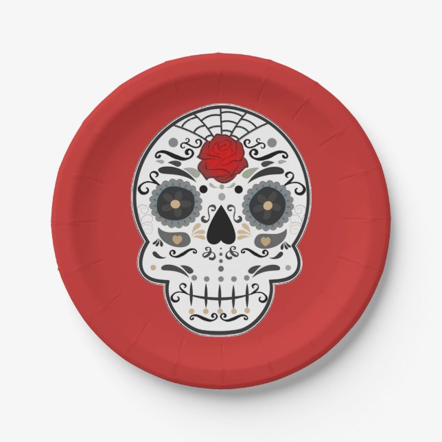 Sugar Skull Mexican Spanish Skeleton Party Paper Plates (Front)