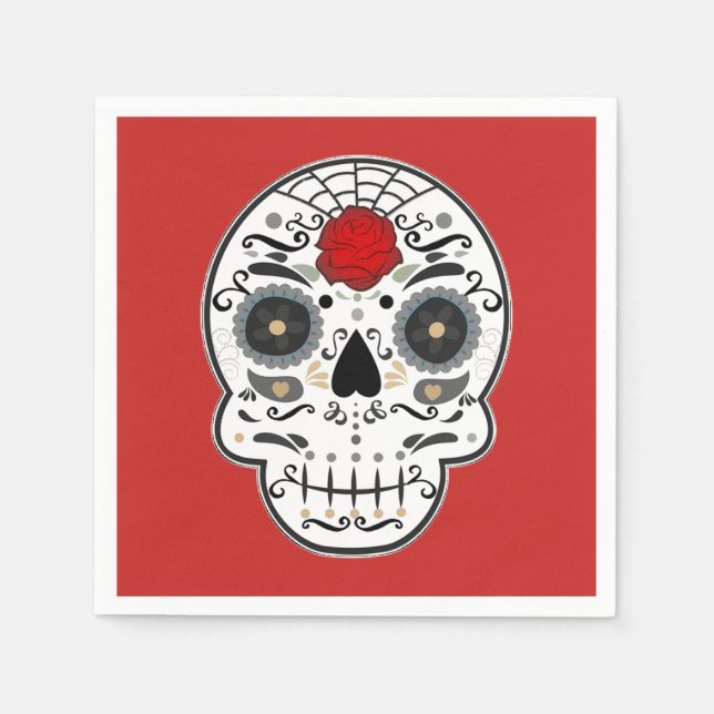 Sugar Skull Mexican Spanish Skeleton Red Rose Napkins (Front)