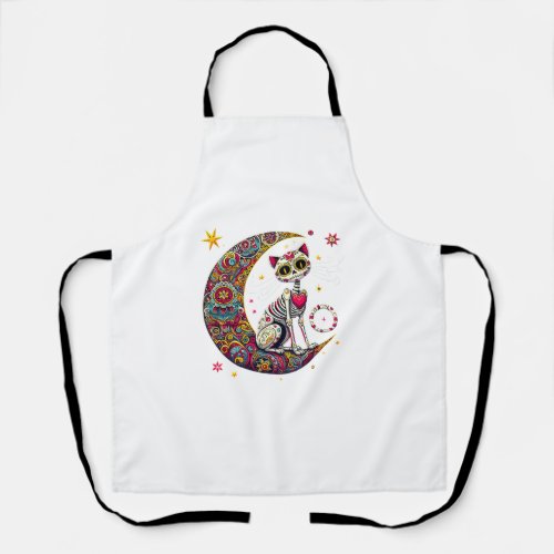 Sugar Skull Moon Cat Da De Los Muertos Skull Hall Apron