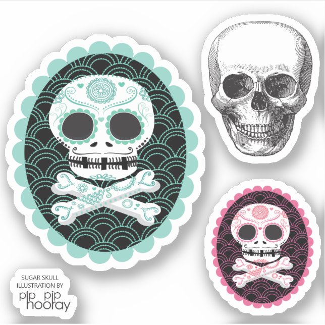 Sugar Skull n Crossbones Cameo Tattoo Cut Sticker (Front)