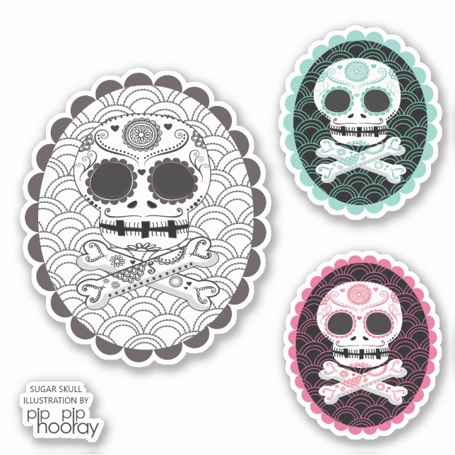 Sugar Skull n Crossbones Day Dead Cameo Tattoo Cut Sticker (Front)
