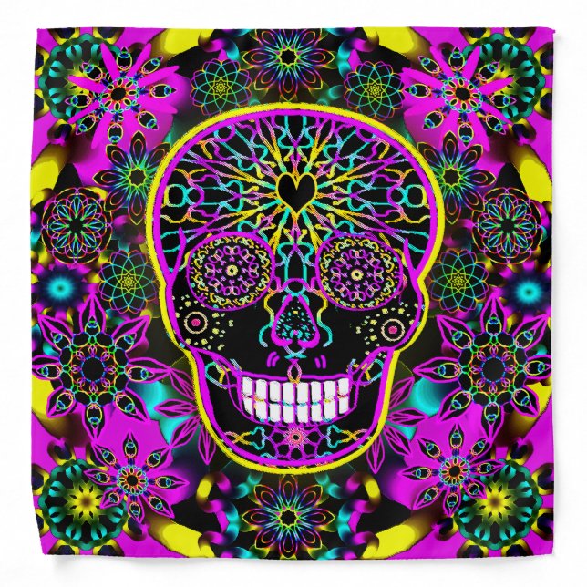Sugar Skull Neon Pink Bandana (Front)