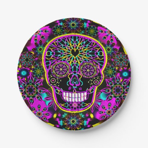 Sugar Skull Neon Pink Paper Plates