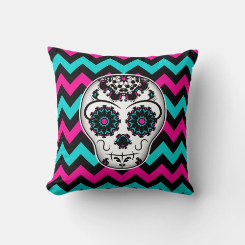 Sugar skull on chevron stripes pattern throw pillow