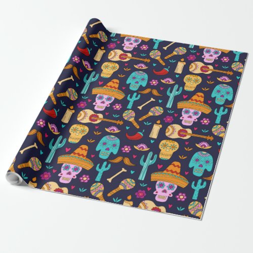 Sugar skull on dark blue pattern wrapping paper