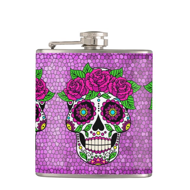 Sugar Skull on Glitter Background Day of the Dead Flask (Front)