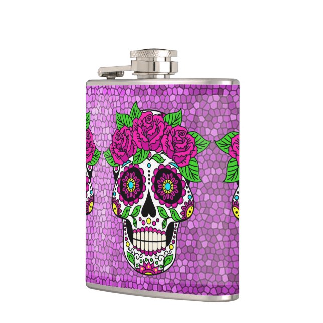 Sugar Skull on Glitter Background Day of the Dead Flask (Left)