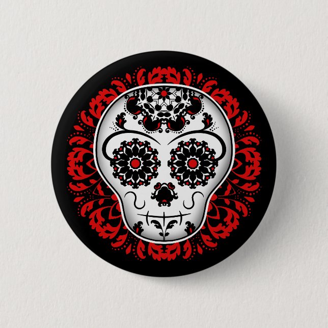 Sugar skull on red damask button (Front)