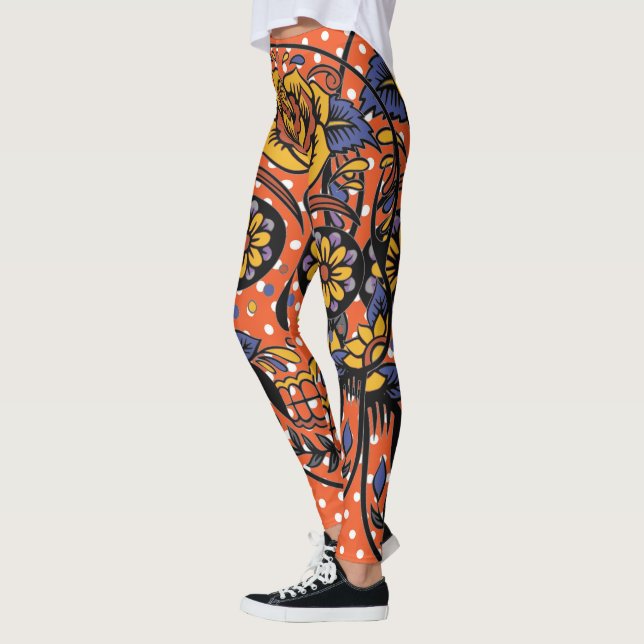 Sugar Skull Orange Purple Polka Dot Leggings (Left)