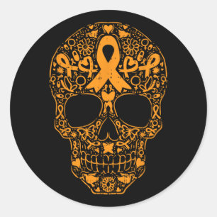 Sugar Skull Orange Ribbon Leukemia Cancer Awarenes Classic Round Sticker