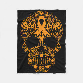 Sugar Skull Orange Ribbon Leukemia Cancer Awarenes Fleece Blanket