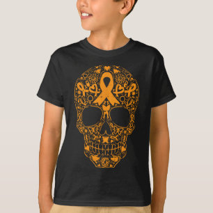 Sugar Skull Orange Ribbon Leukemia Cancer Awarenes T-Shirt