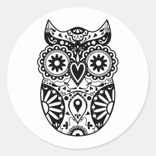 Sugar Skull Owl Black  White Classic Round Sticker