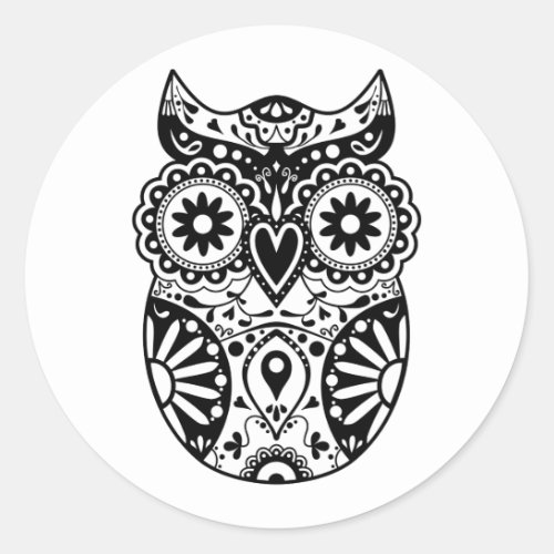 Sugar Skull Owl Black  White Classic Round Sticker