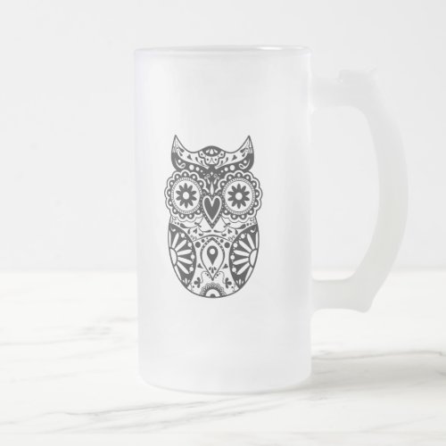 Sugar Skull Owl Black  White Frosted Glass Beer Mug