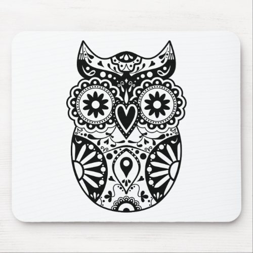Sugar Skull Owl Black  White Mouse Pad