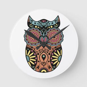 Sugar Skull Owl Color Round Clock