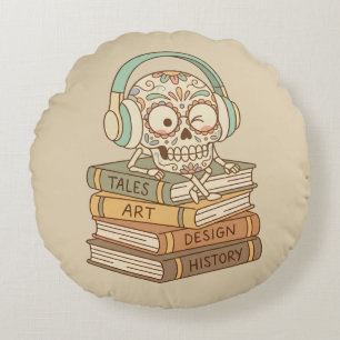 Sugar Skull Passionate About Reading Round Pillow