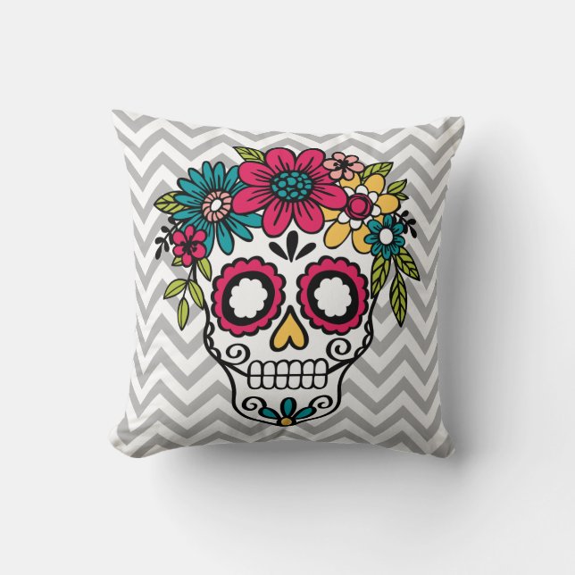 Sugar Skull Pillow, Day of the Dead, Flowers Throw Pillow (Front)