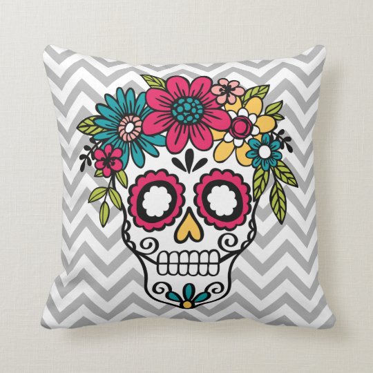 Sugar Skull Pillow Day Of The Dead Flowers Throw Pillow Zazzle Com