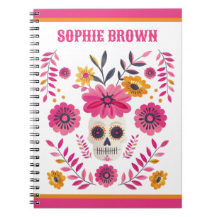 Sugar Skull Pink Mexican Floral Motif Custom Name  Notebook