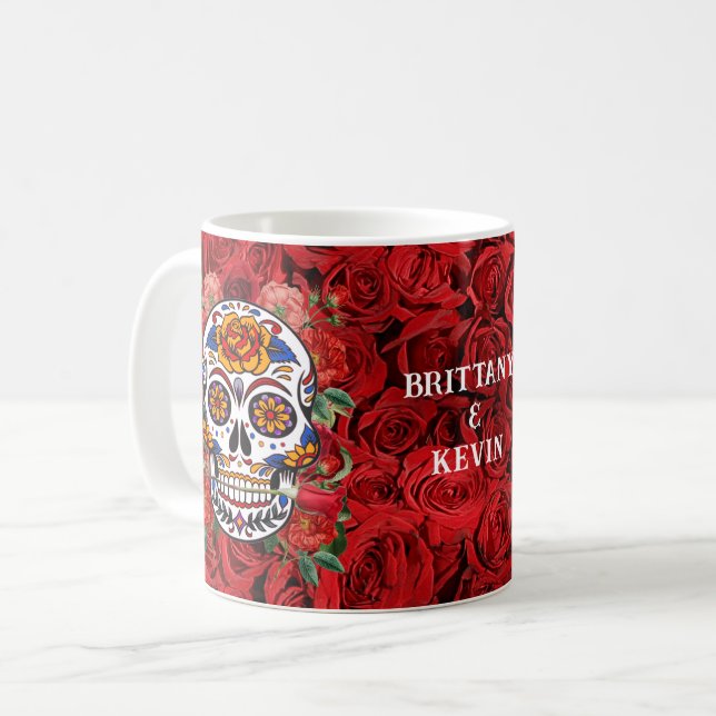 Sugar Skull Pink Red Roses Holidays Add Names Coffee Mug (Front Left)