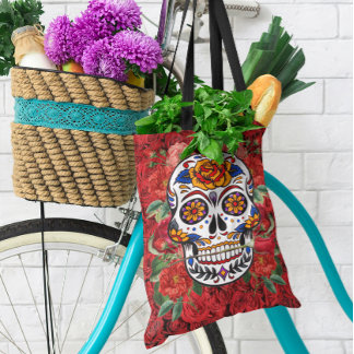 Sugar Skull Pink Red Roses Holidays All Over Print Tote Bag