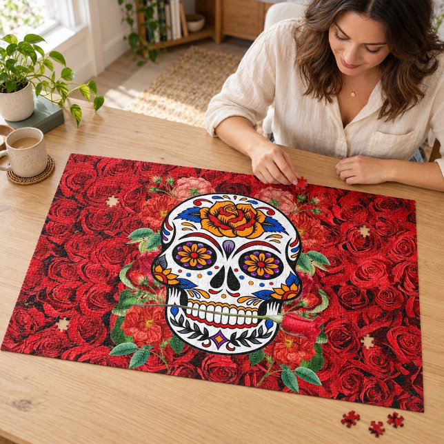 Sugar Skull Pink Red Roses Holidays Large Jigsaw Puzzle (Creator Uploaded)
