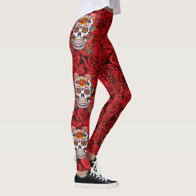 Sugar Skull Pink Red Roses Holidays Leggings (Right)