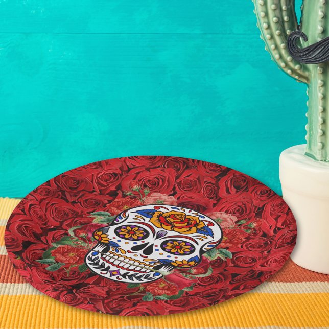 Sugar Skull Pink Red Roses Holidays Paper Plates (Sugar Skull Pink Red Roses Holidays Paper Plates)