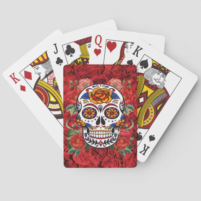 Sugar Skull Pink Red Roses Holidays Poker Cards (Back)