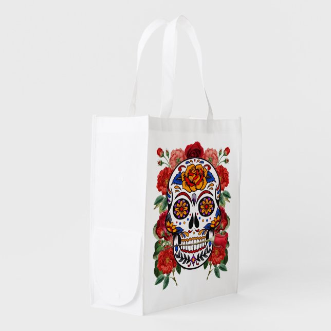 Sugar Skull Pink Red Roses Holidays Reusable Grocery Bag (Front Side)
