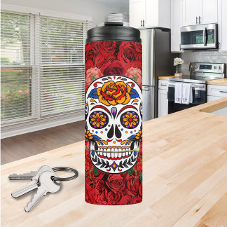 Sugar Skull Pink Red Roses Holidays Thermal Tumbler