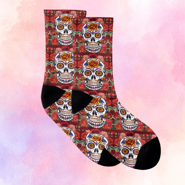 Sugar Skull Pink Red Roses Holidays Unisex Socks (Creator Uploaded)